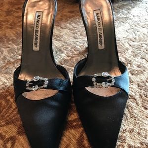 MANOLO BLAHNIK Black Sateen with Crystal Detail